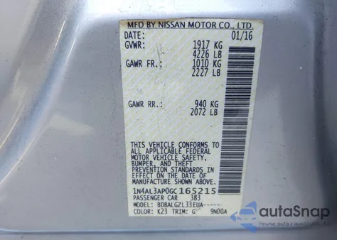 2016 Nissan Altima 2.5/2.5 S/2.5 Sl/2.5 Sr/2.5 Sv from USA, damaged, VIN 1N4AL3AP0GC165215